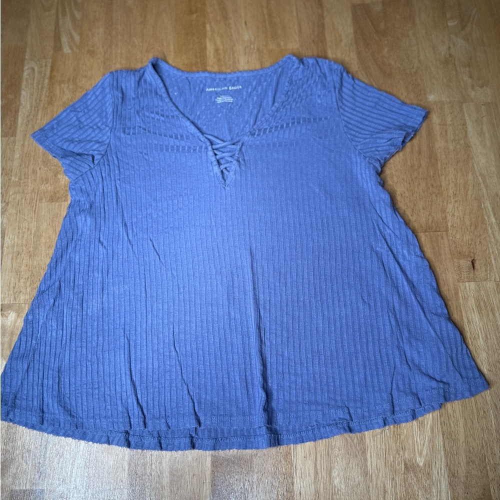 American Eagle Outfitters Short-Sleeve Ribbed Lace-Up V-Neck Top - Blue
